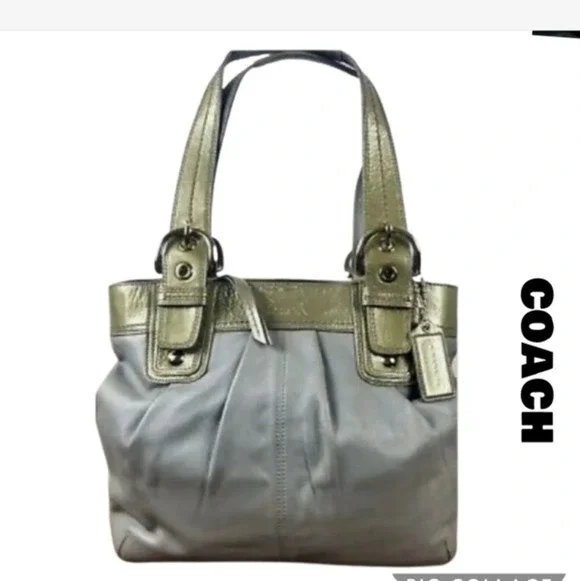 Coach pearl grey tote with patent‎ trim